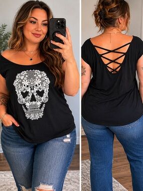 Warehouse One Plus Size Black Skull Graphic Crisscross Back Top 4X